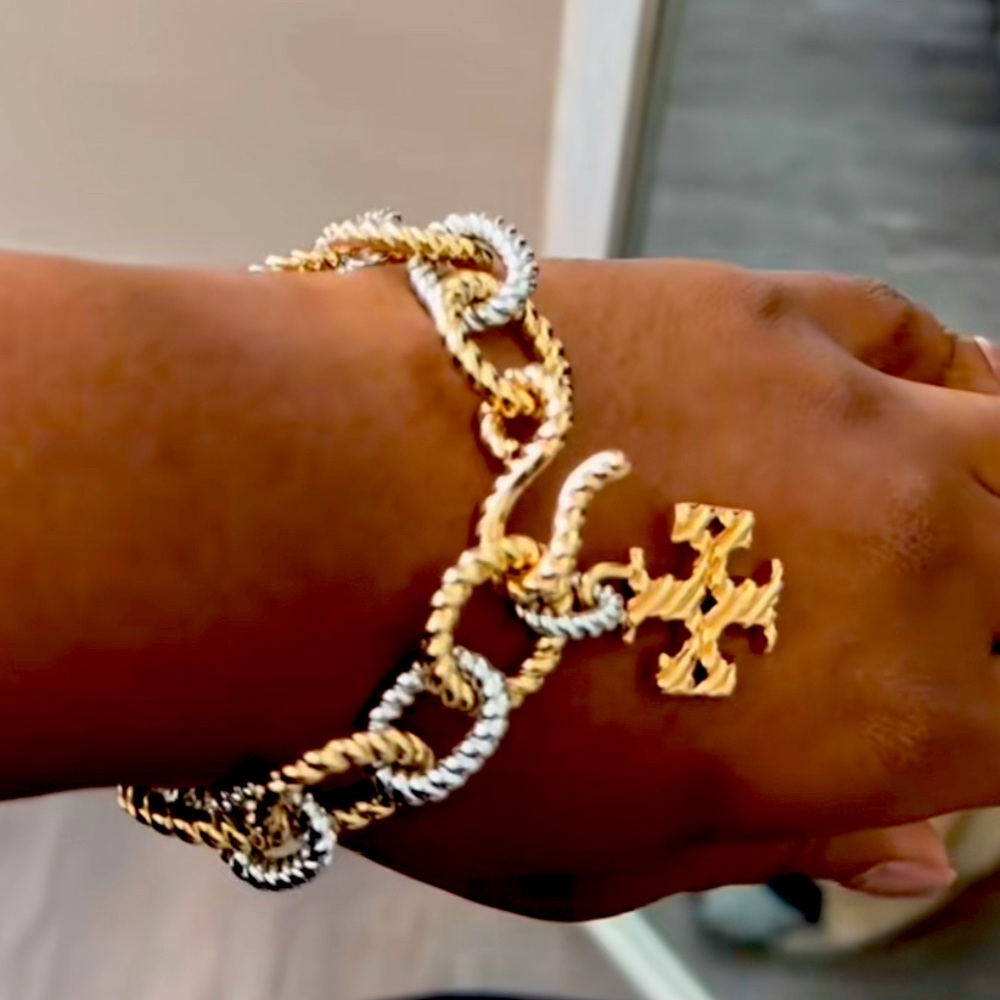 Tory Burch Textured Rope Gold and Silver Chain Bracelet - Picture 1 of 1